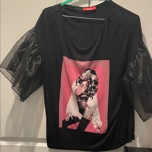 Black Tee with Pink Graphic and Sheer Puff Sleeves